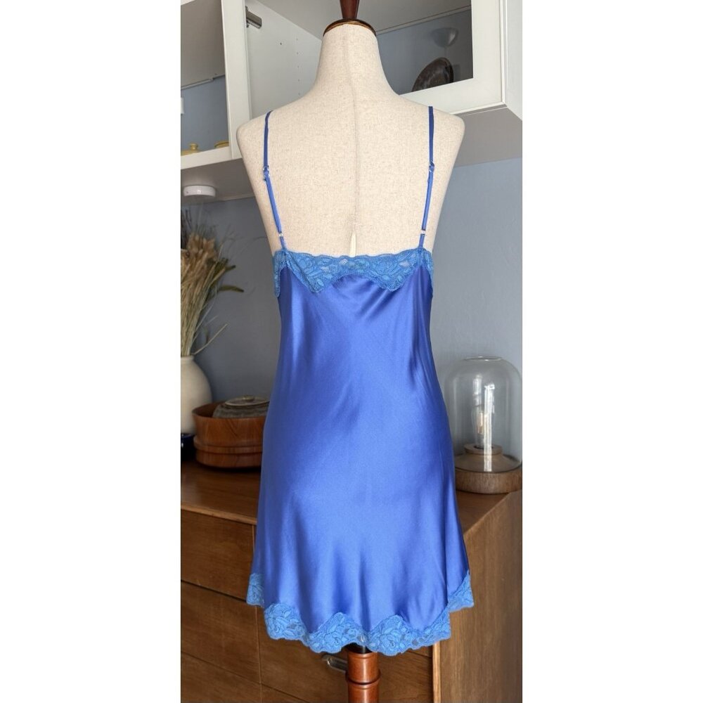 VTG Mary Green Silk Y2K Coquette Fairy Lace Trim Chemise Slip Dress M Blue - Picture 7 of 8
